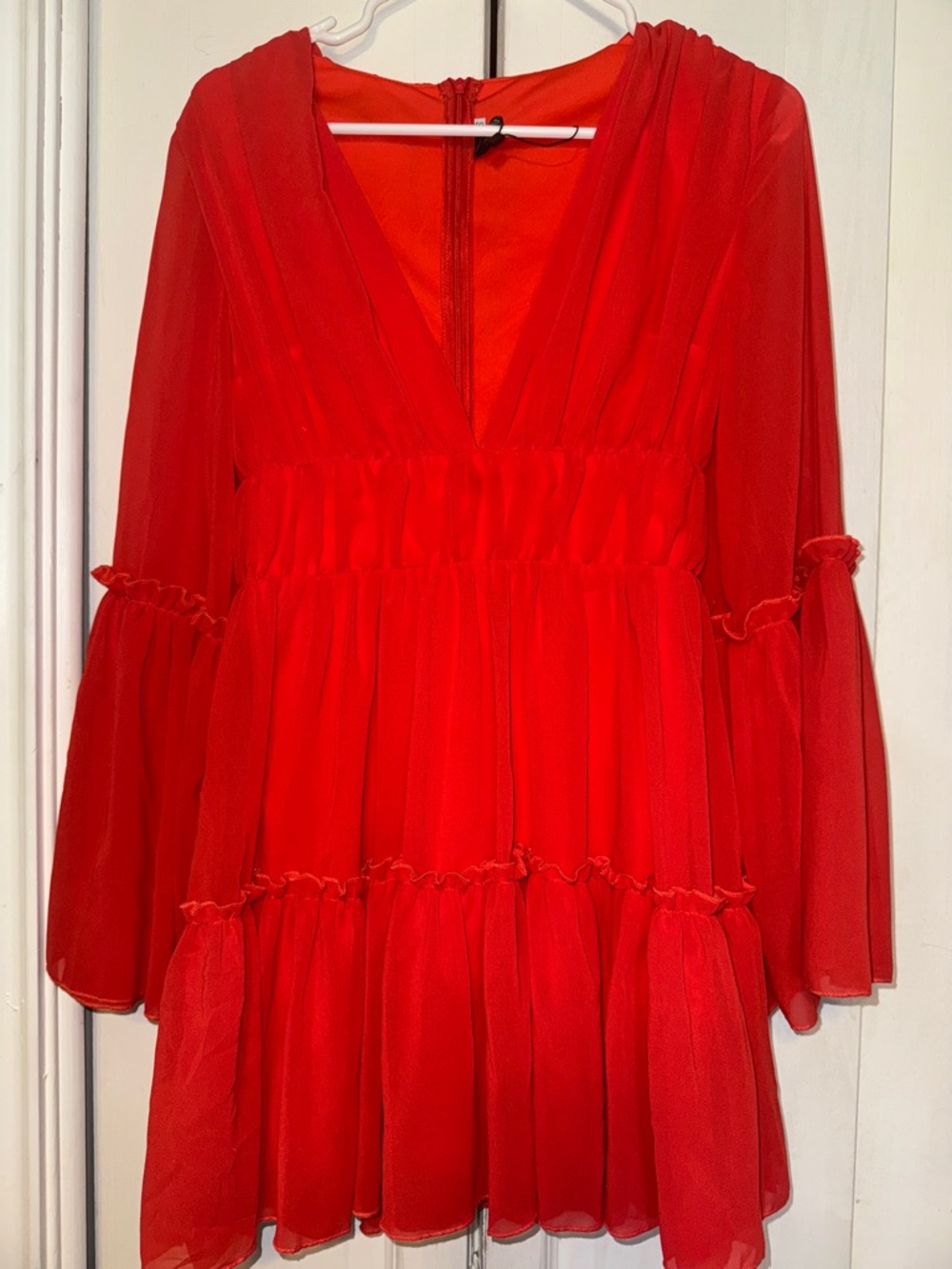 Red V-Neck Tiered Long-Sleeve Dress - Women's